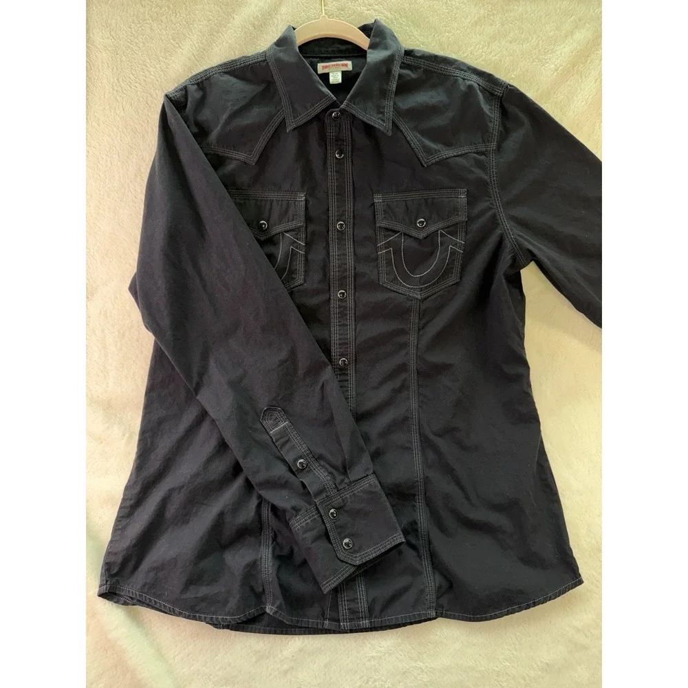 True Religion Men's XL Black Solid Point Collar Long Sleeve Button-Up Pockets